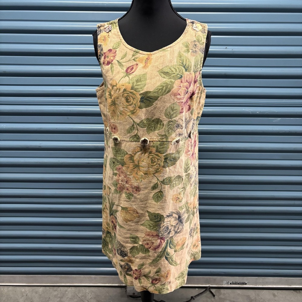 Vintage Positive Attitude Dress Womens Large Petite Floral Linen‎ Sleeveless